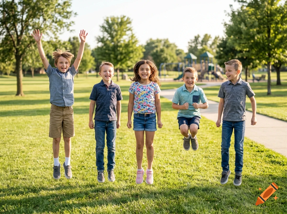 Five children jumping with joy on a grassy park lawn on a sunny day, photorealistic.