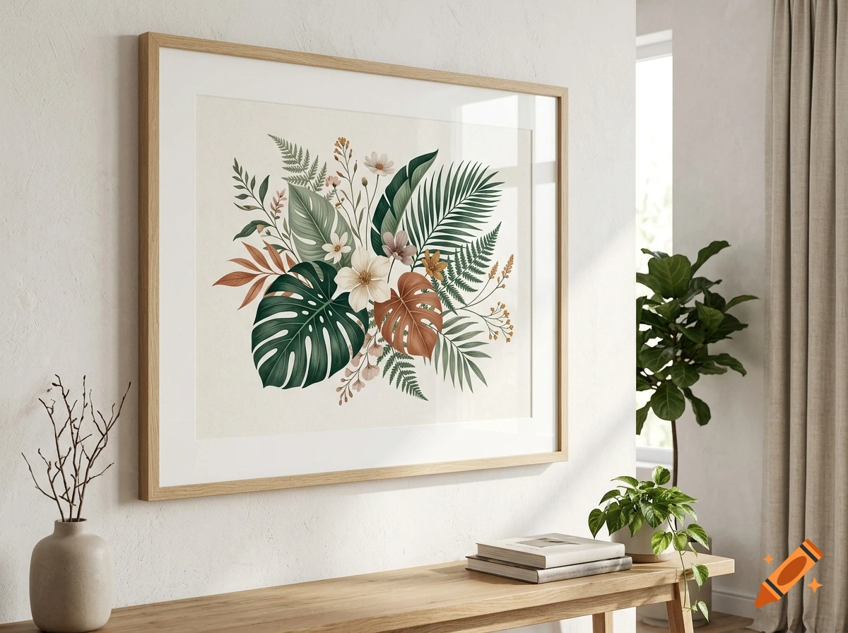 Framed botanical art print featuring various tropical leaves and flowers on a white wall above a wooden console table with a vase and books.