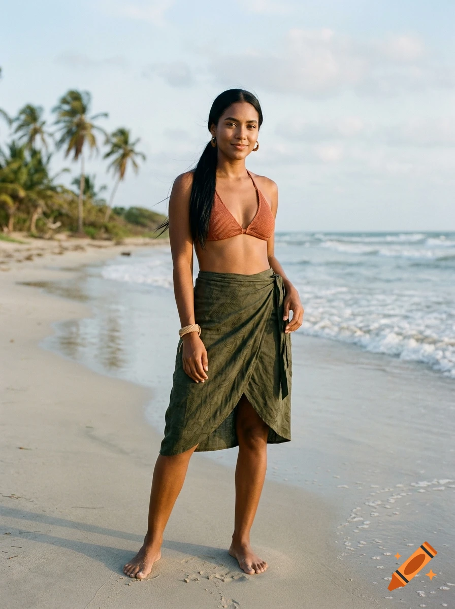 Photorealistic image of a young Colombian model with long black hair standing on a beach wearing a bikini and a green wrap skirt.