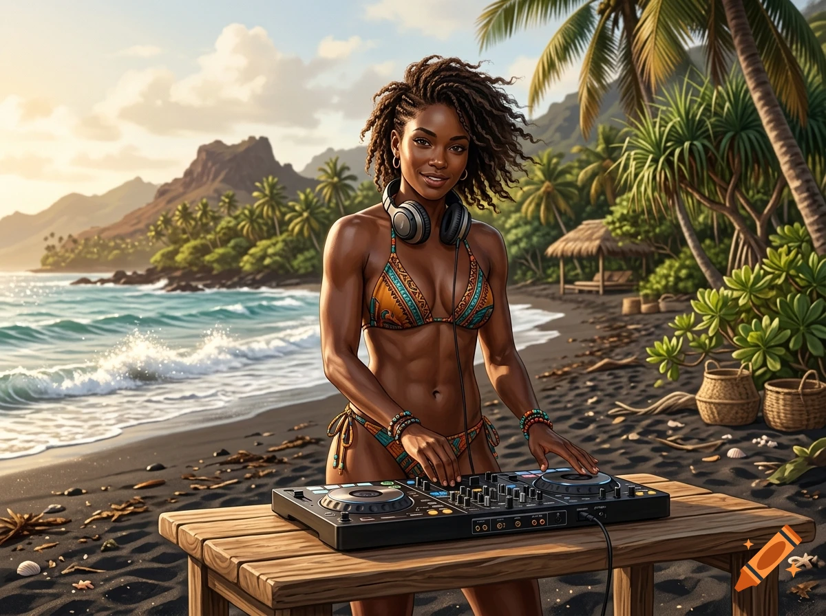 A dark-skinned woman with dreadlocks wearing a bikini and headphones, DJing at a tropical beach with palm trees.