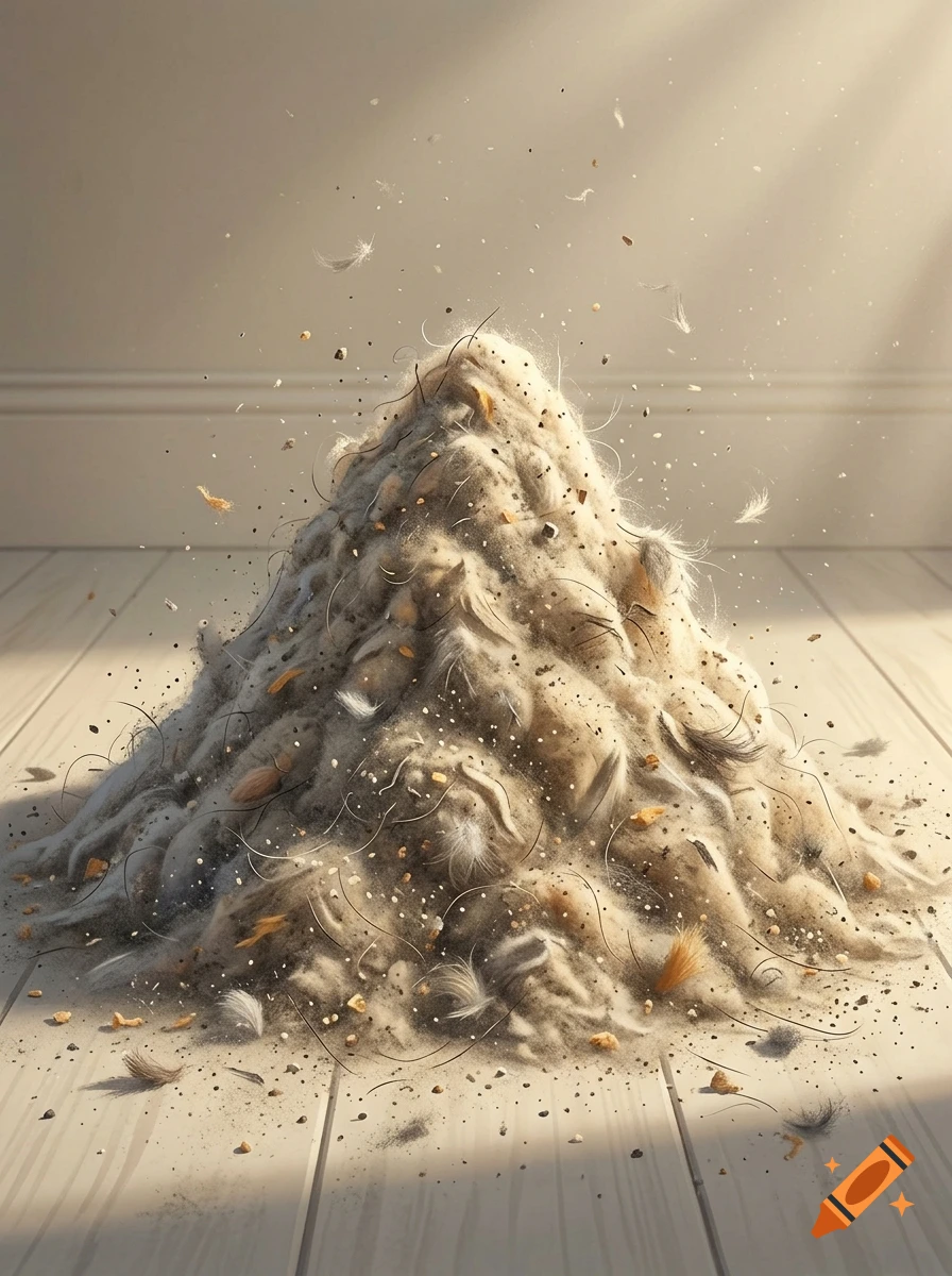 A large pile of dust, hair, and debris sits on a wooden floor in a sunlit room, photorealistic style.