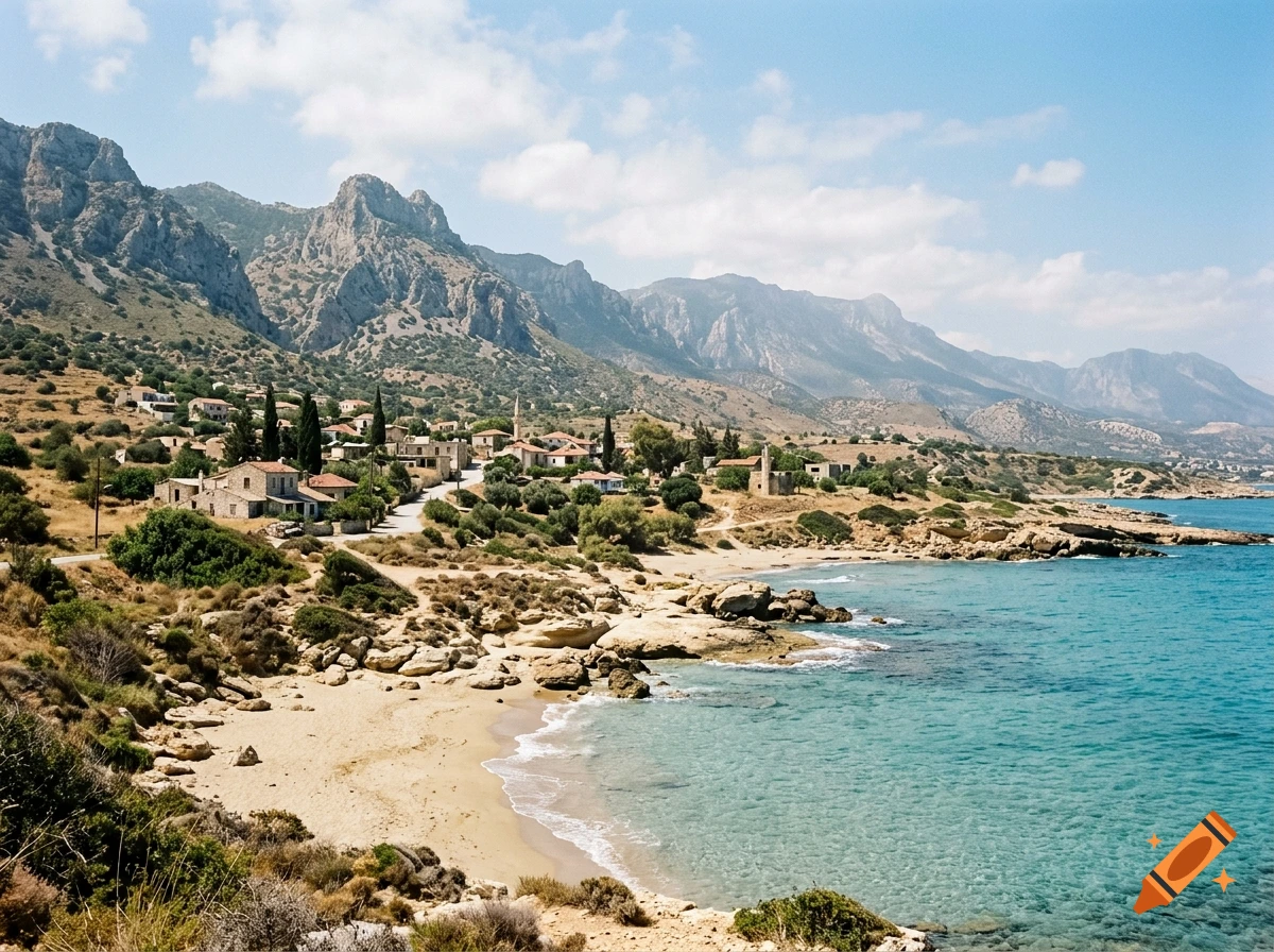 Photorealistic coastal view of Northern Cyprus featuring a small village nestled against rugged mountains beside a turquoise sea and sandy beach.
