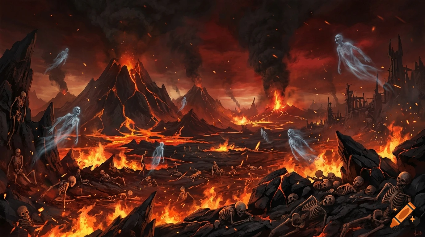 Digital painting of a volcanic hellscape with erupting volcanoes, glowing lava, scattered skeletons, and ghostly figures under a dark red sky.