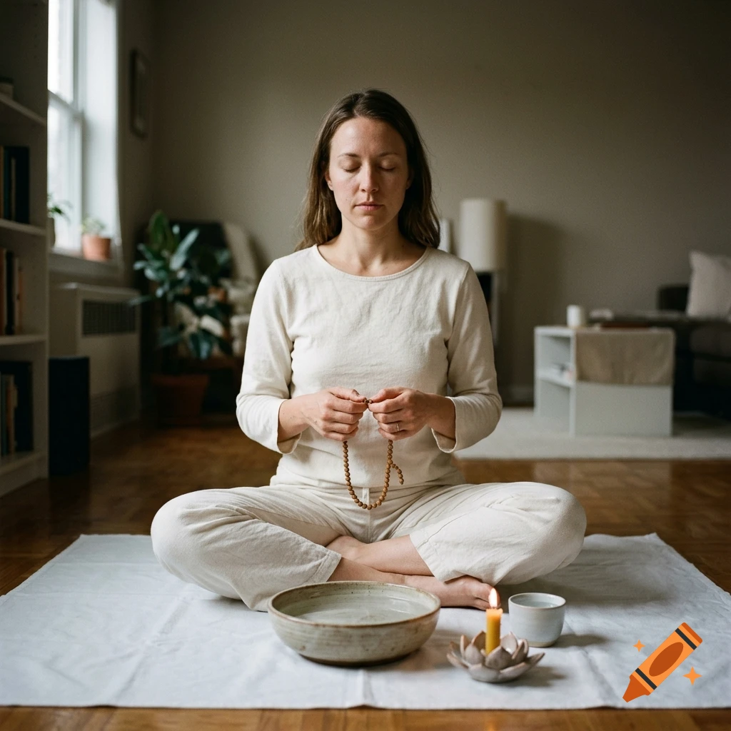 A woman sitting cross-legged on a white mat in a room, holding prayer beads, with a bowl of water and a lit candle in front of her.