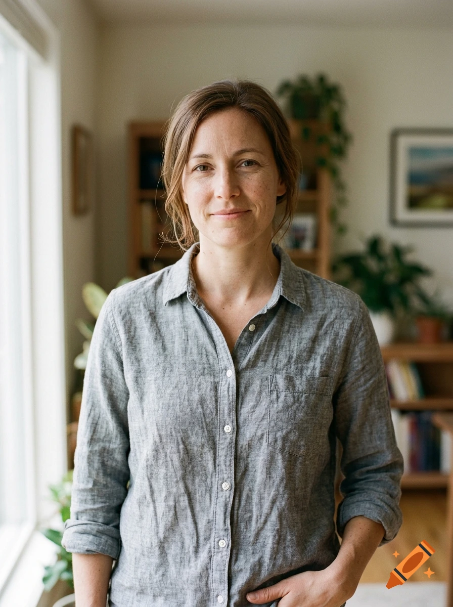 Photorealistic portrait of a woman with brown hair standing indoors in a room with plants and a window.