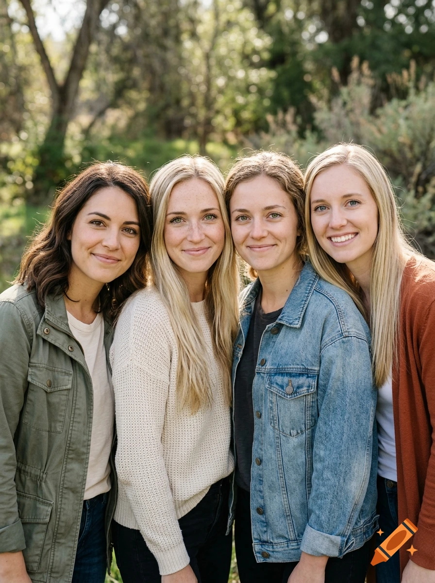Photorealistic portrait of four young women standing together outdoors, smiling.