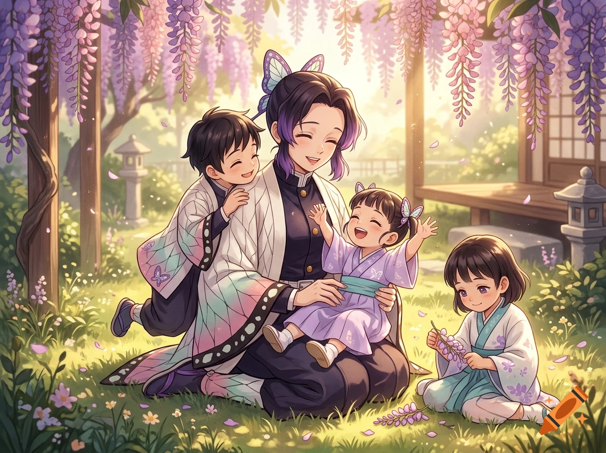 Anime style illustration of a woman with purple hair and children sitting happily in a sunny garden surrounded by wisteria flowers.