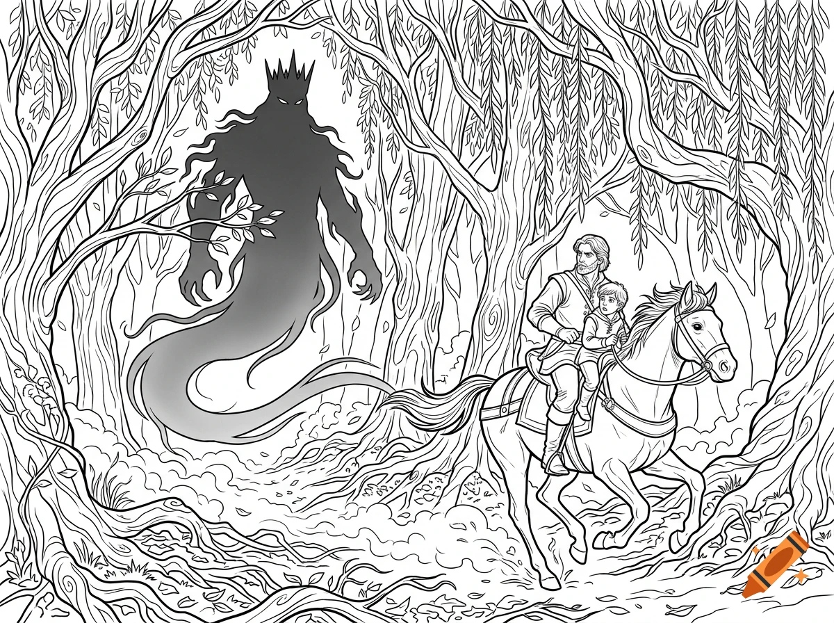 Black and white coloring page of a man and child riding a horse through a forest, fleeing a dark shadowy figure with a crown.