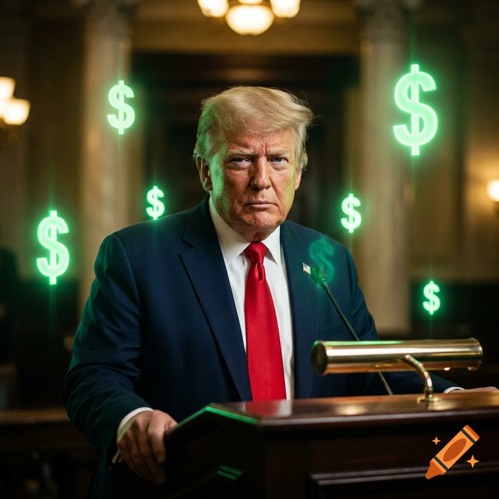 Photorealistic image of Donald Trump at a podium with glowing green dollar sign symbols floating around him.