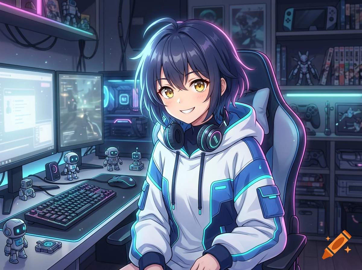Anime style illustration of a cute young character with dark blue hair and golden eyes wearing a white and blue cyber hoodie in a gaming room.