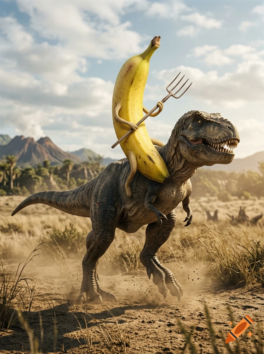 Photorealistic image of a large banana riding on the back of a T-Rex in a desert landscape, holding a pitchfork.