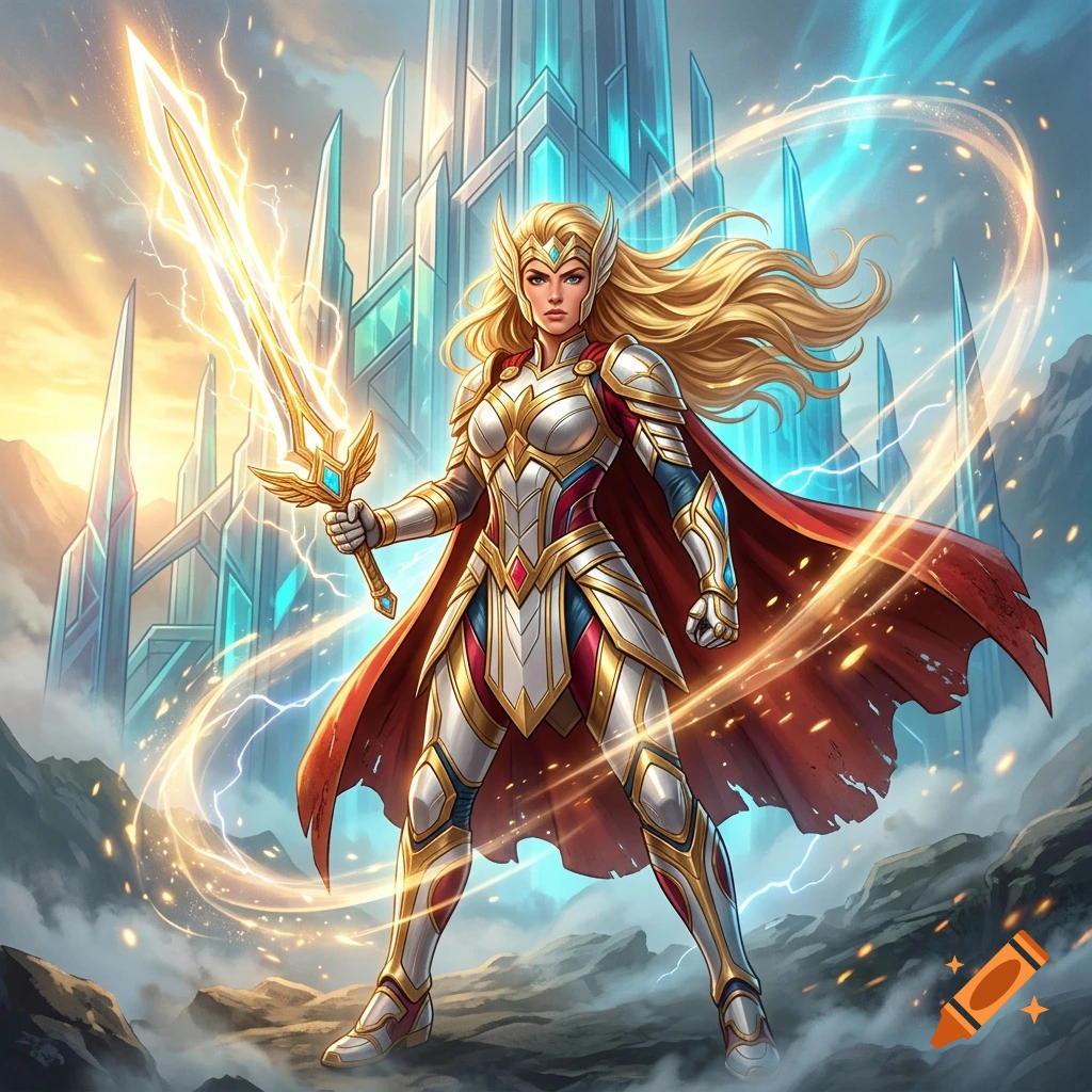Digital illustration of a female warrior in white and gold armor holding a glowing sword, standing before a crystal castle.
