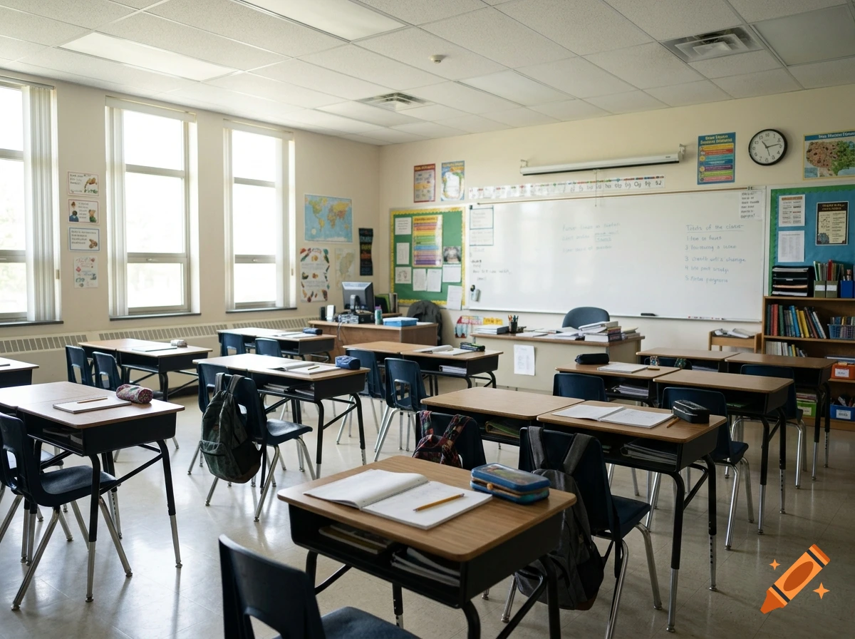 Empty school classroom with desks, chairs, backpacks, and a whiteboard in a photorealistic style.