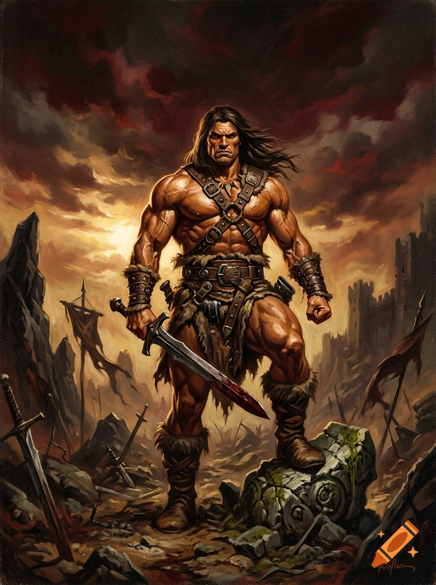 A muscular warrior holding a bloody sword stands triumphantly amidst a battlefield with a ruined castle in the background under a dramatic stormy sky.
