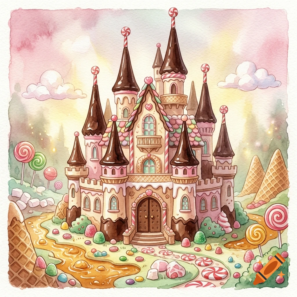 Watercolor illustration of a whimsical castle made of sweets, chocolate towers, and candy in a pastel wonderland.