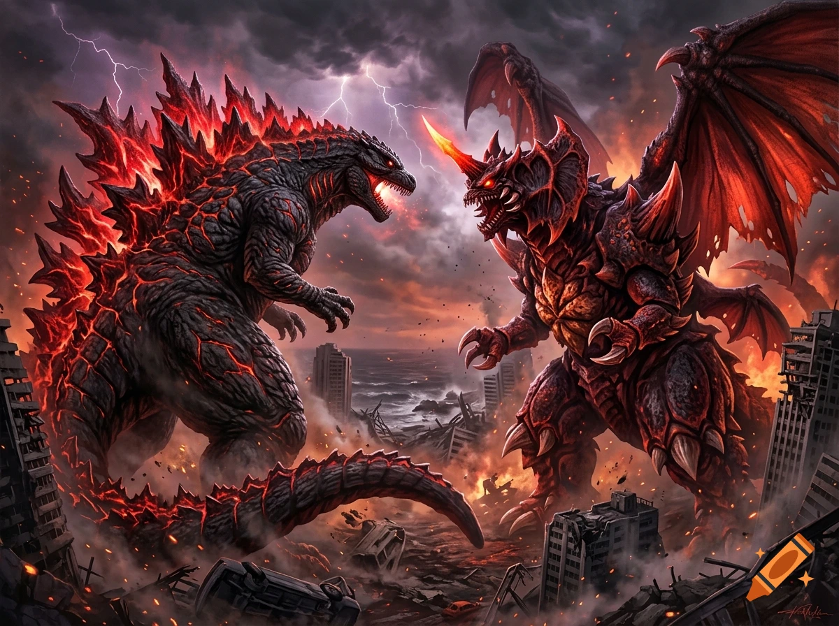 Godzilla and Destoroyah facing each other in an epic battle amidst a destroyed city under a stormy sky, digital art style.