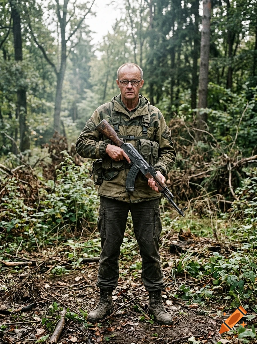 Photorealistic portrait of a man wearing glasses and a military uniform holding an assault rifle in a dense forest.