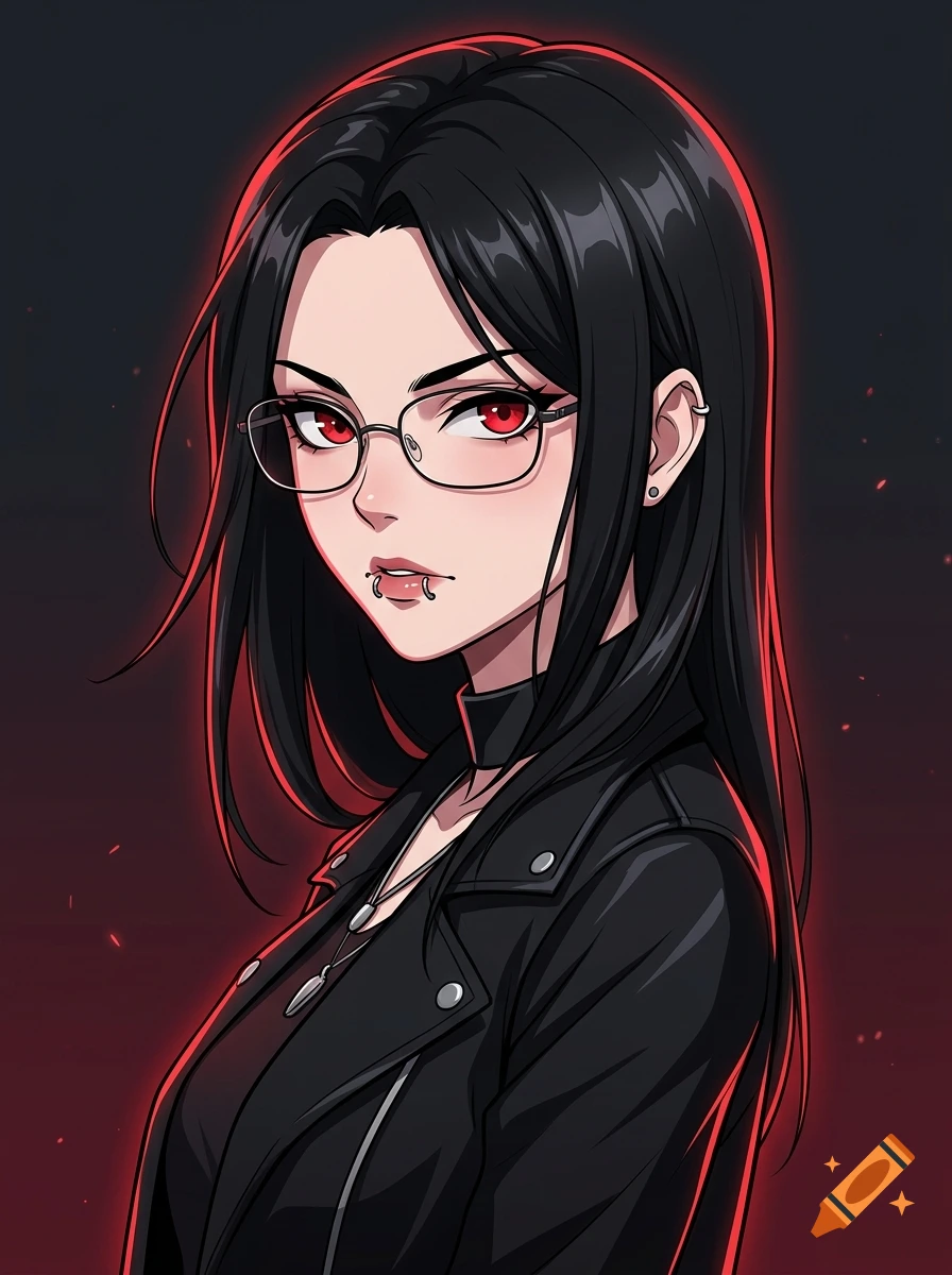 Anime style portrait of a goth girl with black hair, red eyes, glasses, and snake bite piercings wearing a black leather jacket.