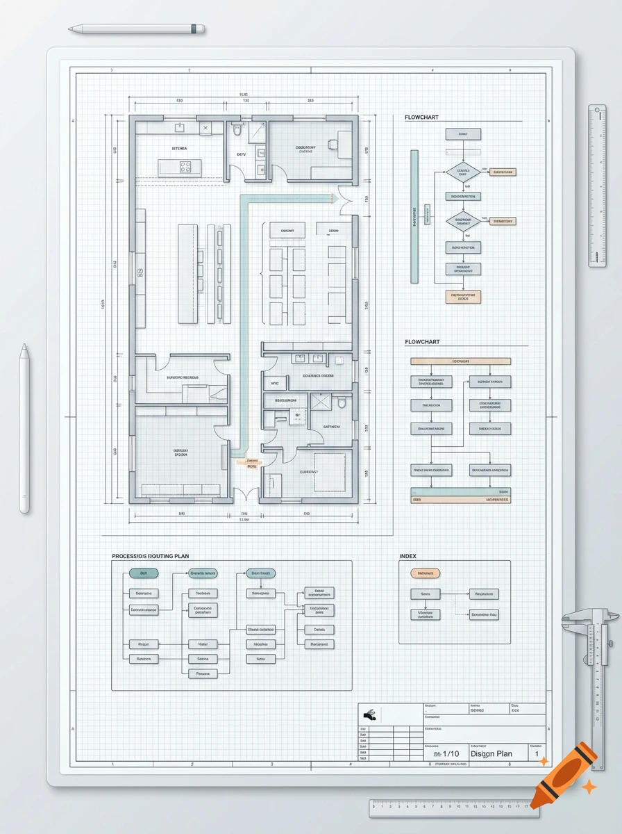 Architectural blueprint showing a detailed floor plan with flowcharts and measurement tools.