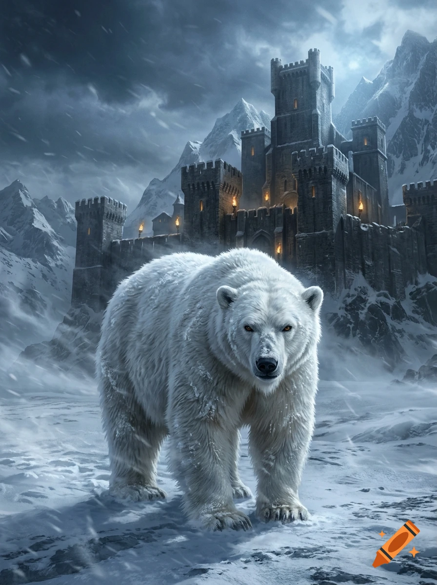 A majestic polar bear standing in the snow before a grand stone castle in a snowy mountain range, digital art.