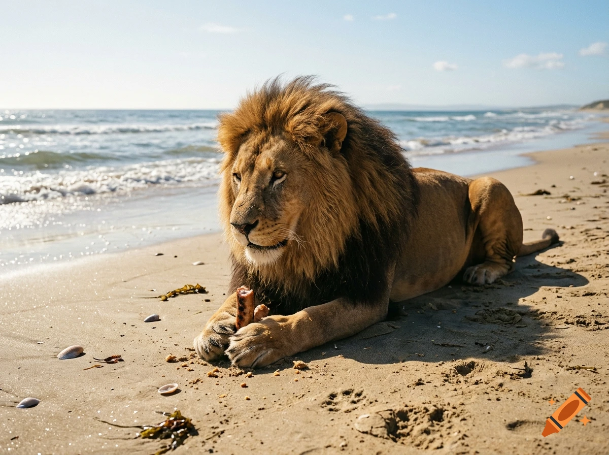 A photorealistic image of a male lion lying on a sandy beach by the ocean, eating a sausage.
