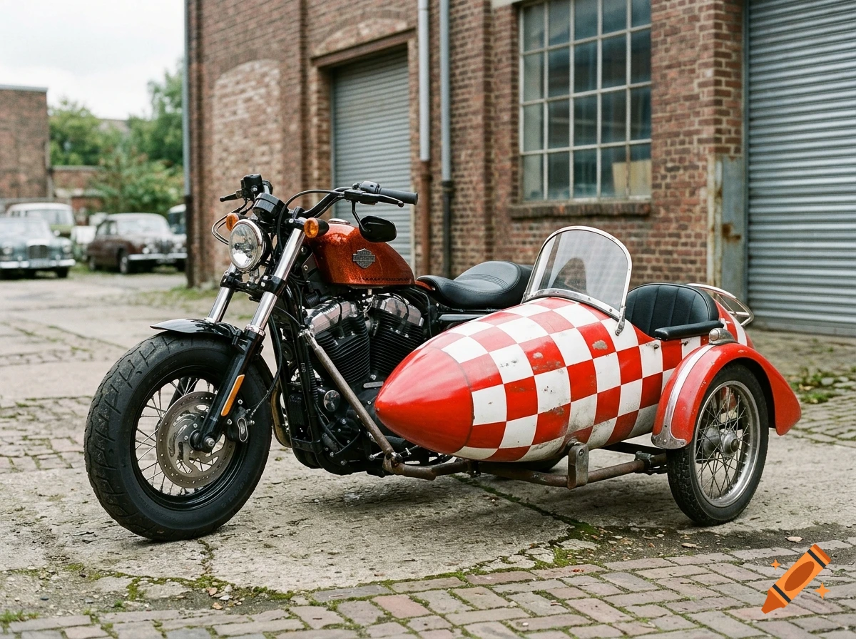 A custom Harley-Davidson motorcycle with a red and white checkered sidecar parked in front of a brick building.