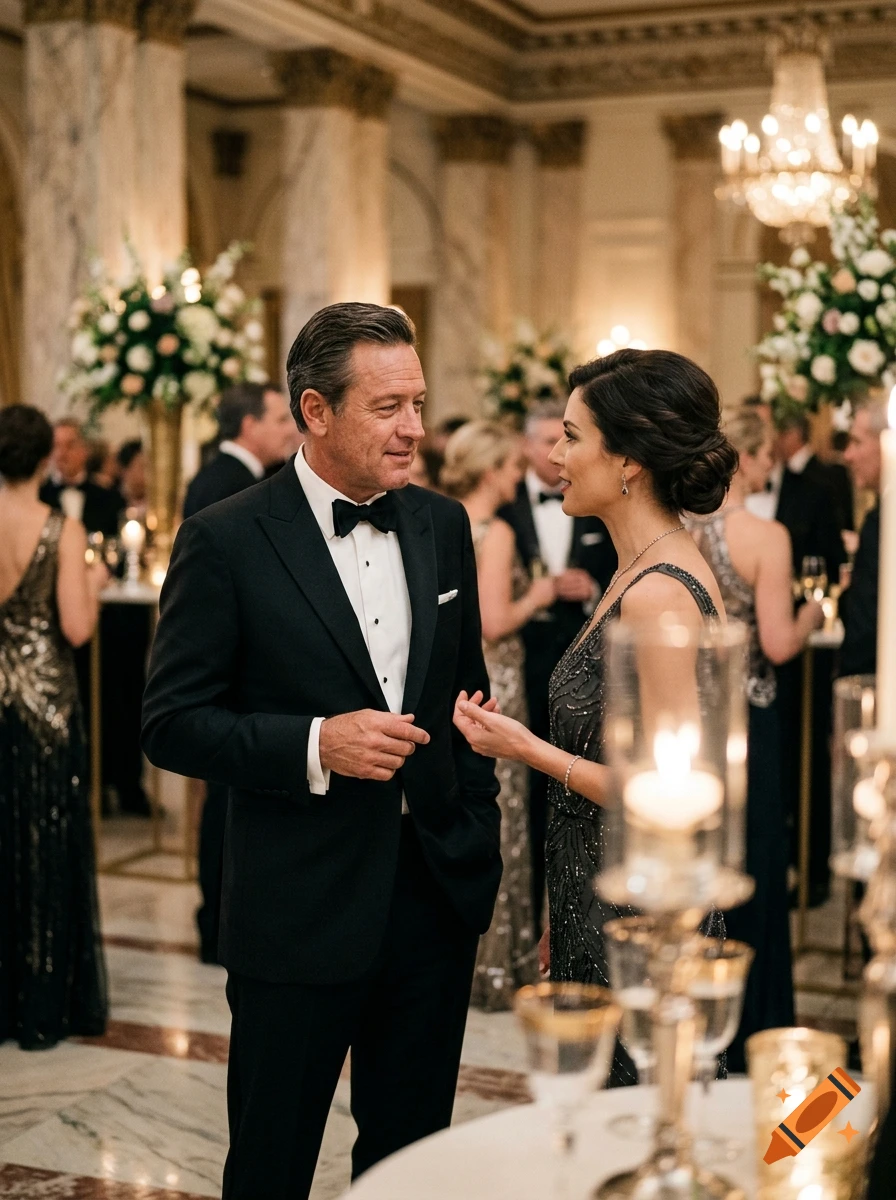 Photorealistic image of a man in a tuxedo and a woman in a beaded evening gown talking at a formal gala.