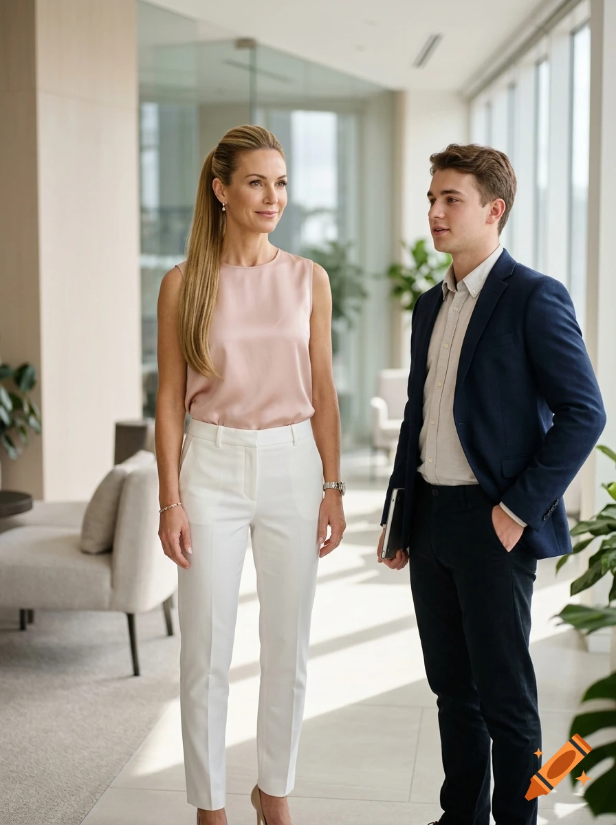 Photorealistic image of an elegant woman in a blush-pink blouse and white trousers talking to a young man in a suit.