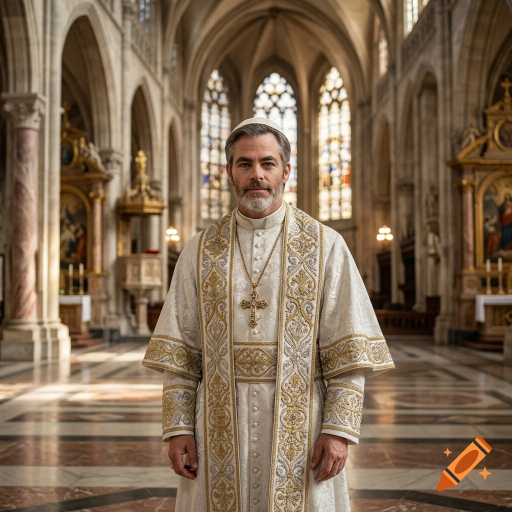 Photorealistic portrait of Chris Pine dressed as the Pope standing in a grand cathedral.