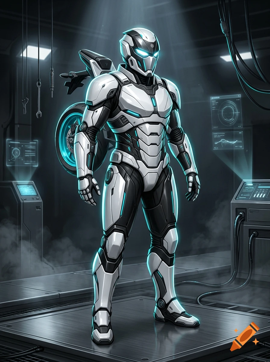 A futuristic white and black armored suit with cyan glowing accents, standing in a high-tech garage with a motorcycle wheel on its back.