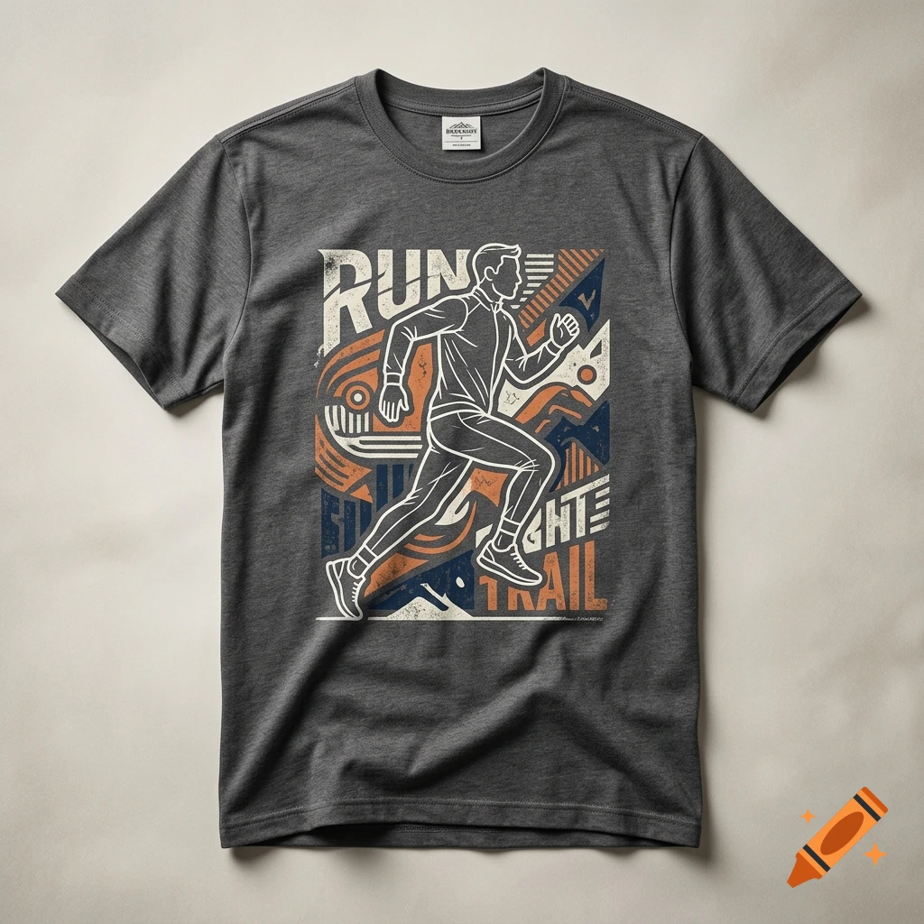 Dark grey t-shirt featuring a stylized graphic of a runner with the text RUN TRAIL.