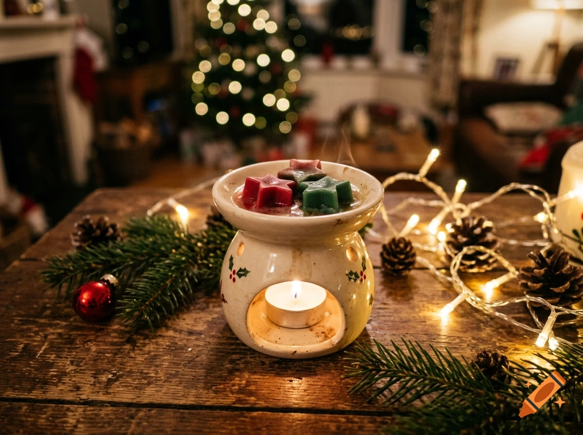 Photorealistic image of a ceramic wax melt burner with star-shaped wax melts on a wooden table, with pine branches, fairy lights, and a Christmas tree in the background.