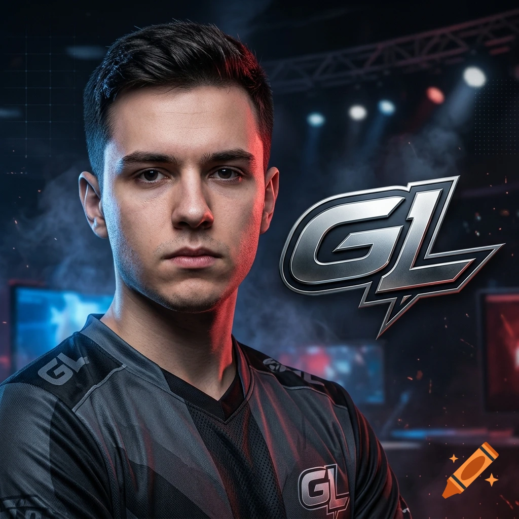 Close-up photorealistic portrait of a young male esports player wearing a team jersey with the logo 'GL' and a large 'GL' logo on the background.