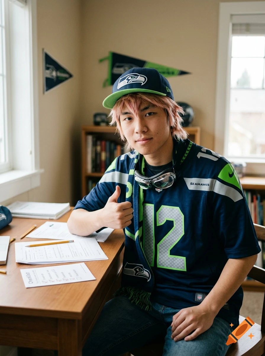 Kazuichi Soda from Danganronpa wearing a Seattle Seahawks jersey and giving a thumbs up in a bedroom, photorealistic style.