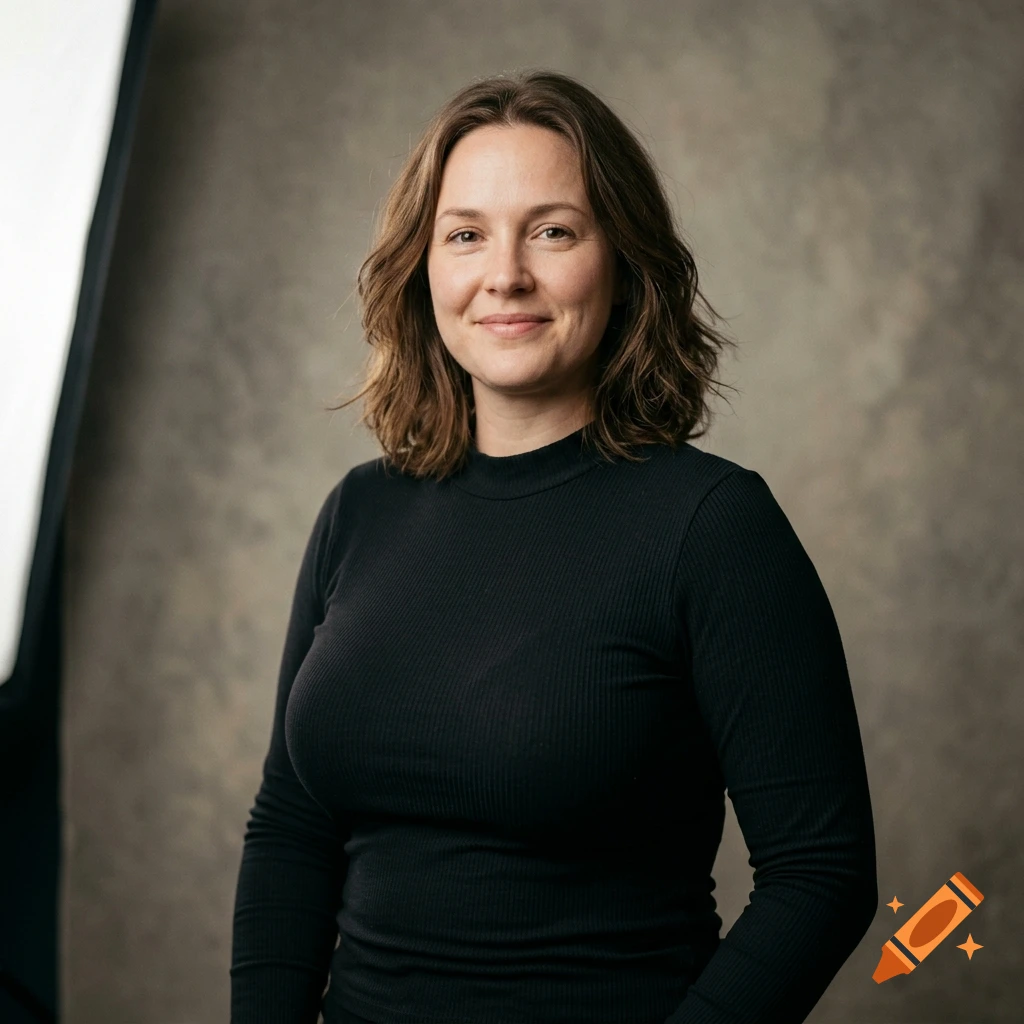Photorealistic portrait of a smiling woman with medium brown hair wearing a black long-sleeve top against a textured gray background.