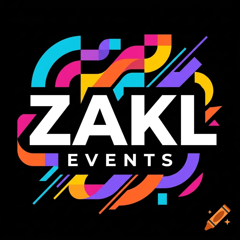 Modern flat vector logo for ZAKL EVENTS with bold white text surrounded by colorful abstract geometric shapes on a black background.
