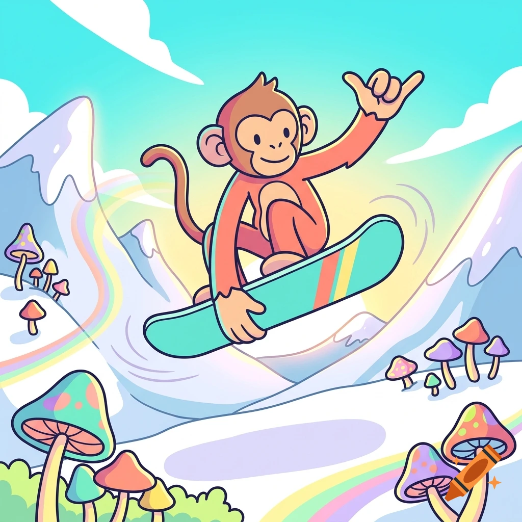 A simple cartoon illustration of a monkey snowboarding in the mountains surrounded by colorful mushrooms and a rainbow.