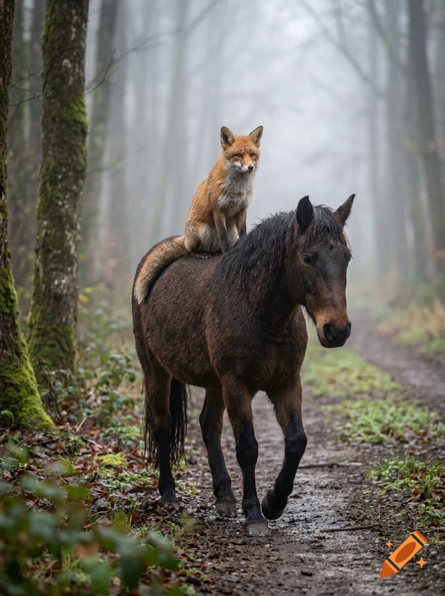 Photorealistic image of a small red fox sitting on the back of a brown horse walking along a misty forest path.