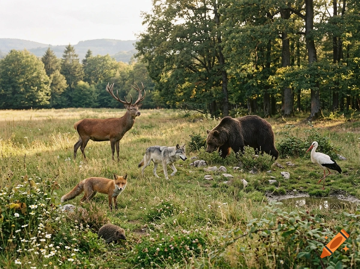 Photorealistic scene of various European wild animals including a deer, fox, wolf, bear, stork, and hedgehog in a grassy meadow near a forest.