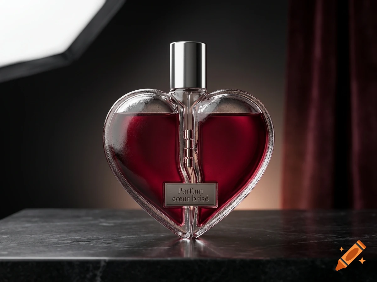 Photorealistic product shot of a heart-shaped glass perfume bottle filled with red liquid, sitting on a dark marble surface.