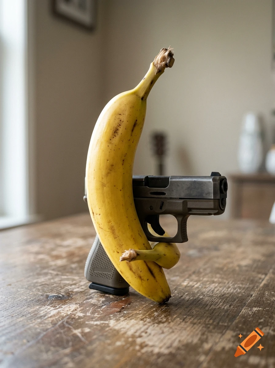 Photorealistic image of a banana shaped like a handgun standing upright on a wooden table.