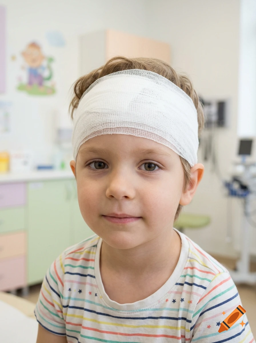 Photorealistic portrait of a young child with a white bandage wrapped around their head in a medical room.
