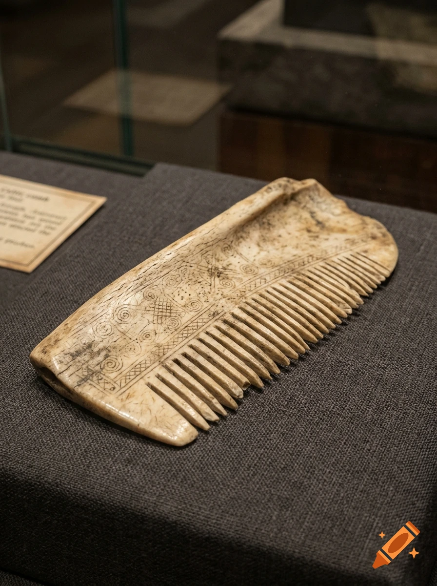 A carved bone comb displayed on a dark fabric surface in a museum setting, photorealistic.