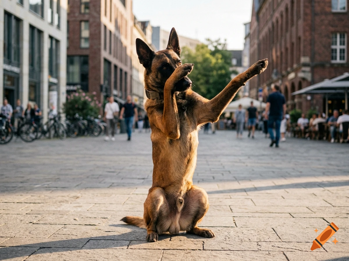 Photorealistic image of a Belgian Malinois dog sitting upright on a city street and performing a dab dance pose with its paws.