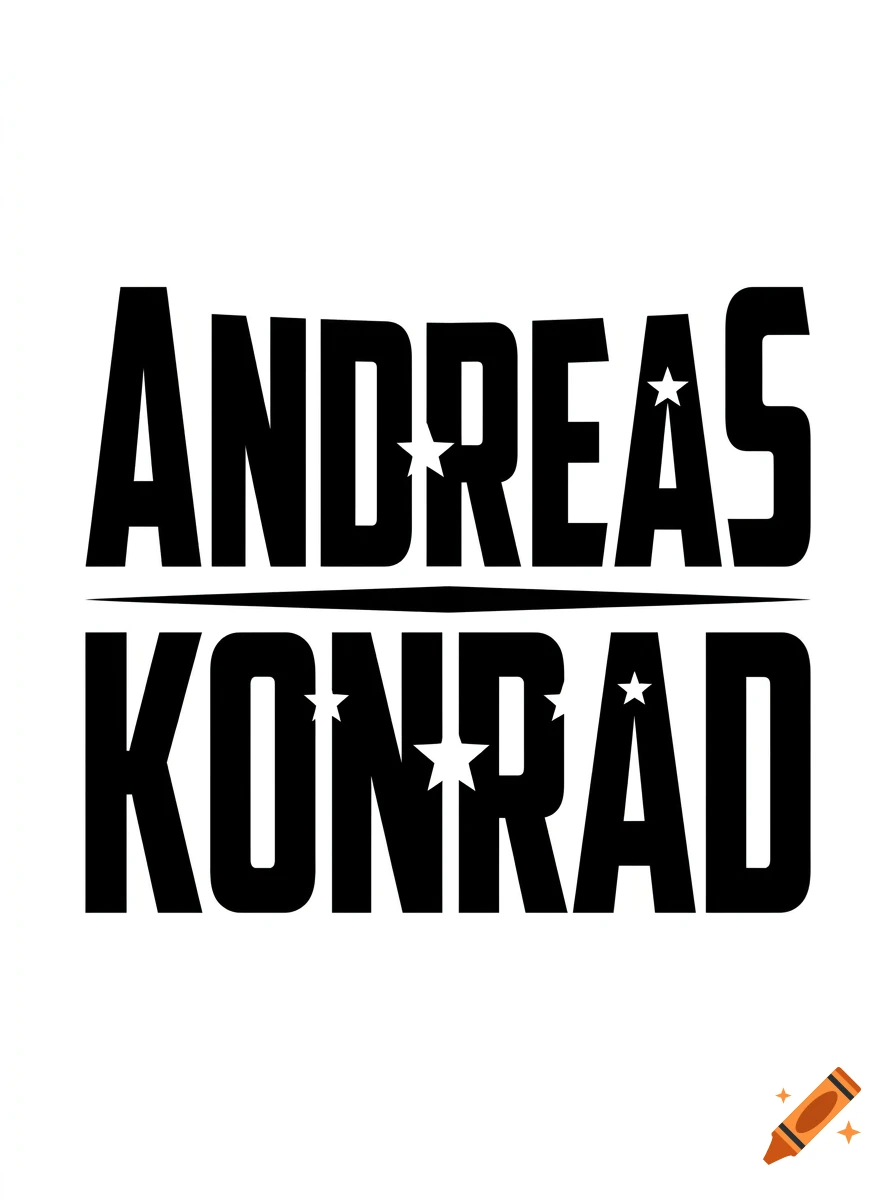 Black and white typography spelling 'ANDREAS KONRAD' in a stylized Captain America font with embedded star details.