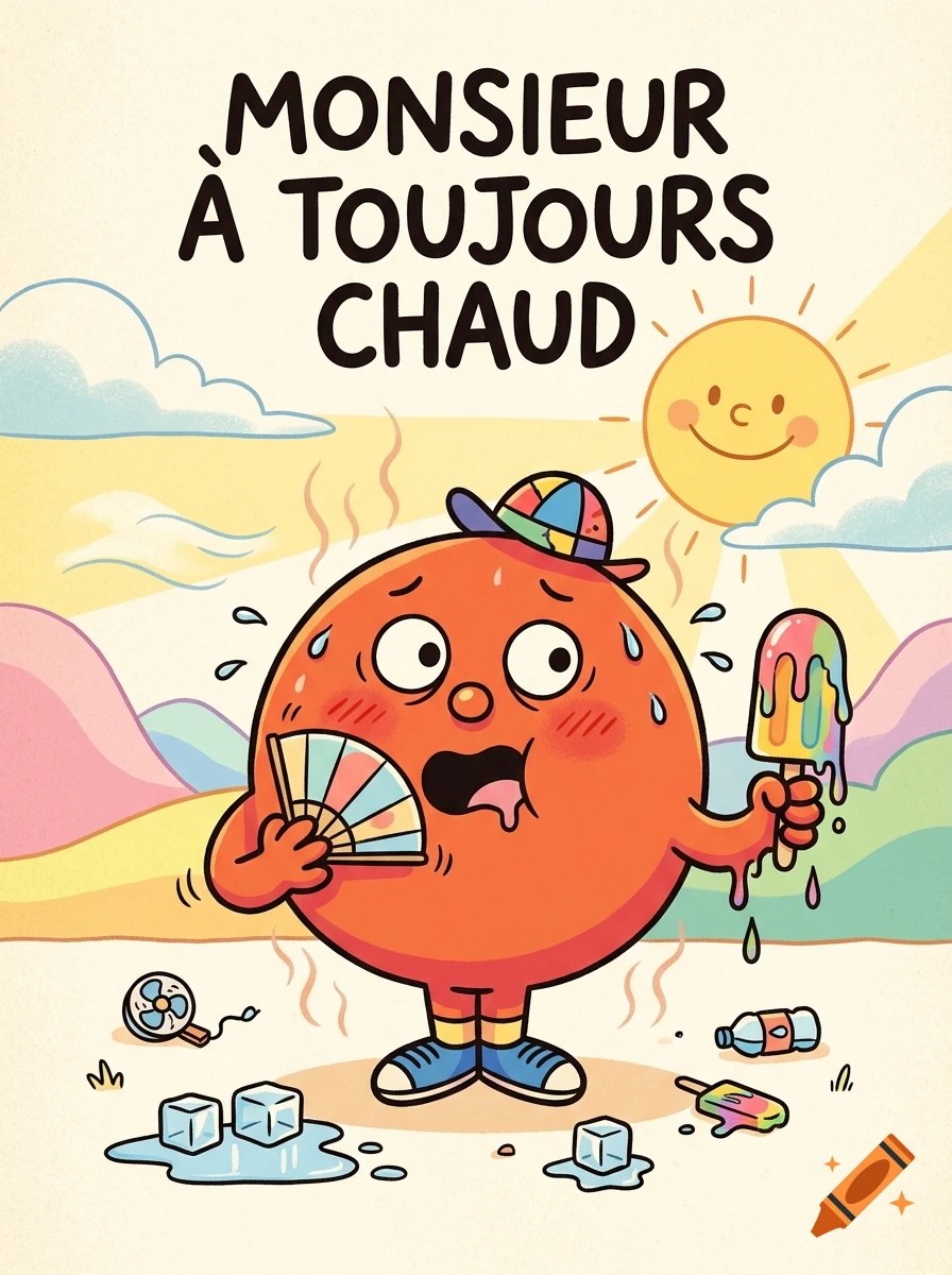 Retro cartoon illustration of a sweating orange character holding a melting ice cream and fan, with the French text above.