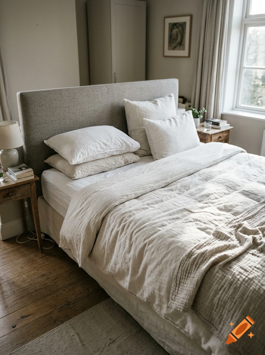 Cozy modern bedroom with a large upholstered bed, neutral linens, and a wooden nightstand.