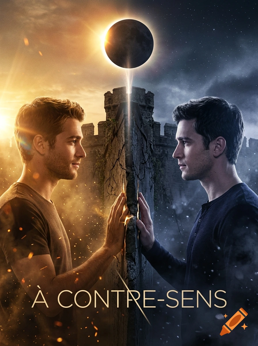 Movie poster featuring two young men facing each other, separated by a cracked stone wall under an eclipse.