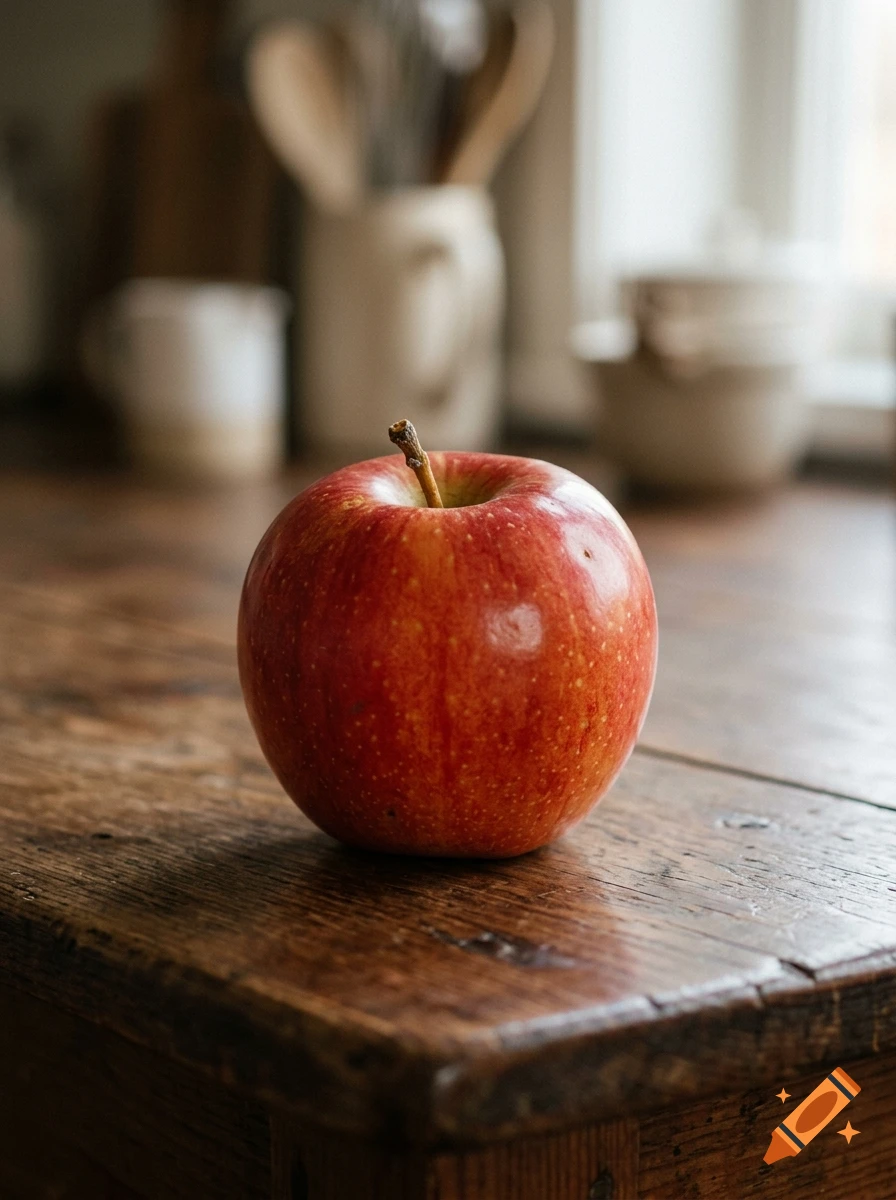 A fresh red apple resting on a rustic wooden table in a kitchen.
