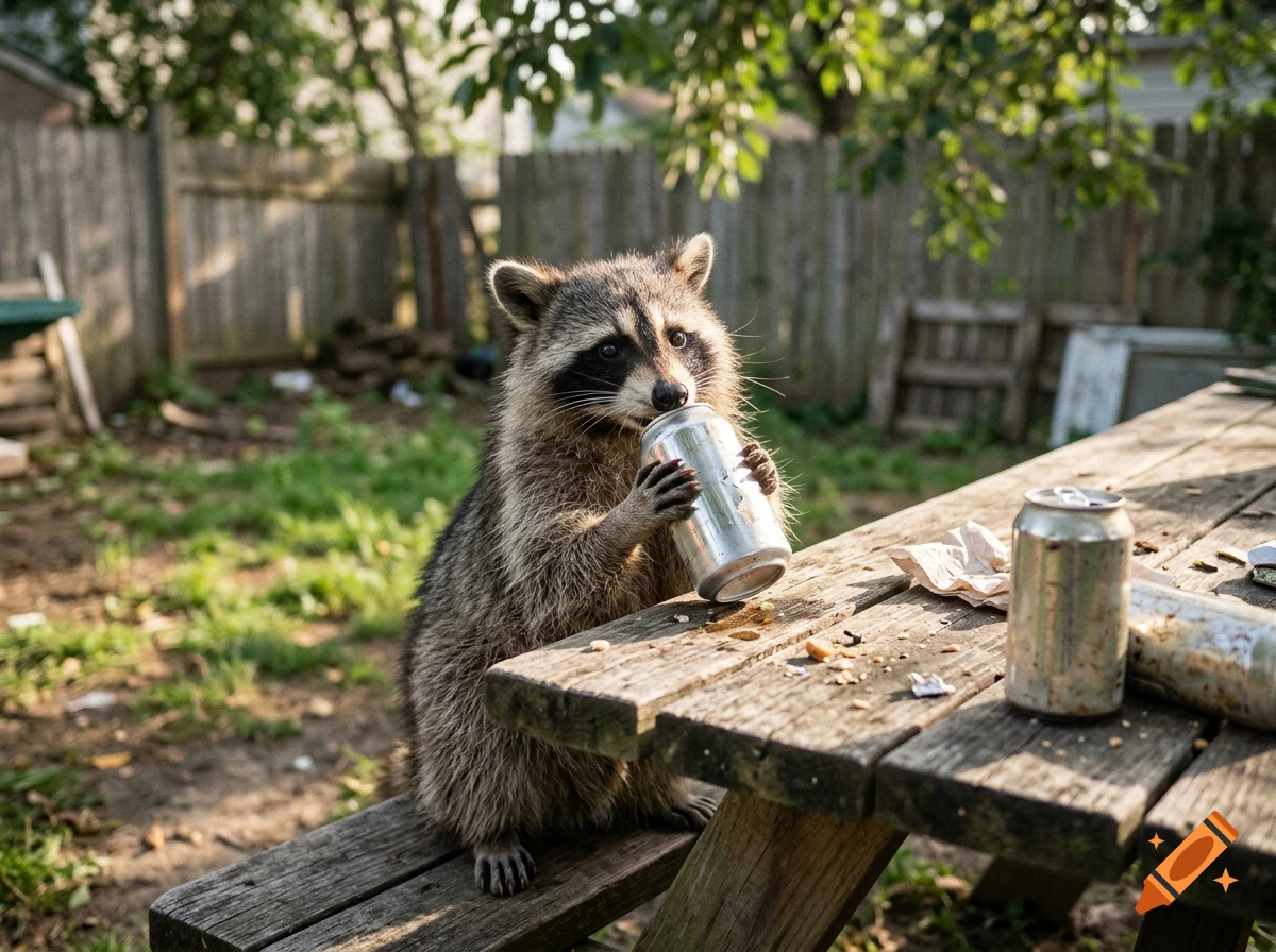 Photorealistic image of a raccoon sitting on a weathered wooden picnic table in a backyard, holding a silver beverage can.
